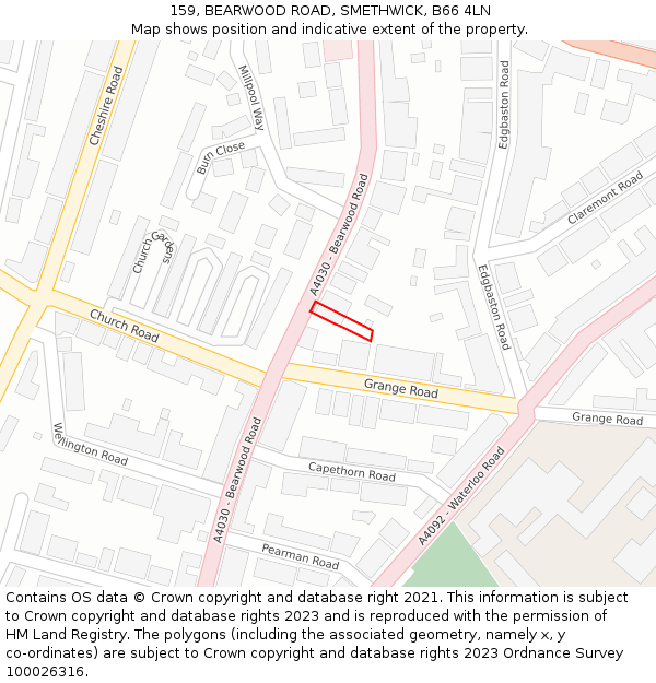 159, BEARWOOD ROAD, SMETHWICK, B66 4LN: Location map and indicative extent of plot