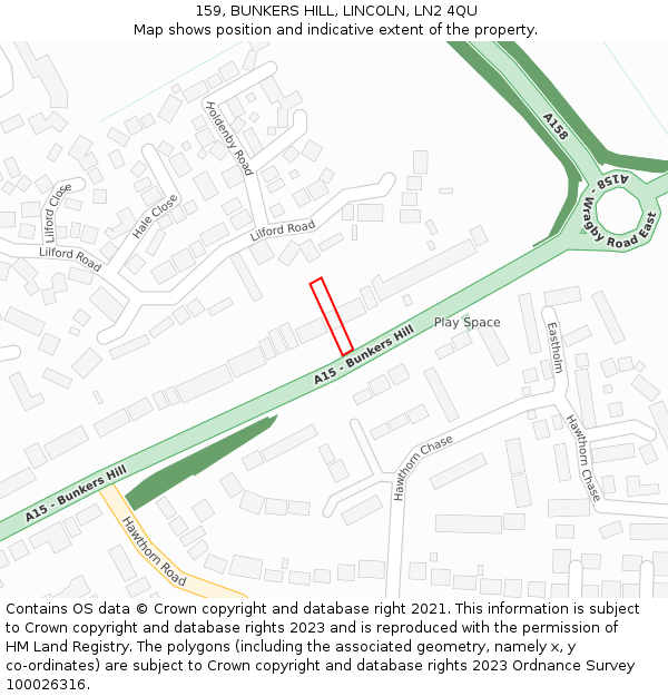 159, BUNKERS HILL, LINCOLN, LN2 4QU: Location map and indicative extent of plot