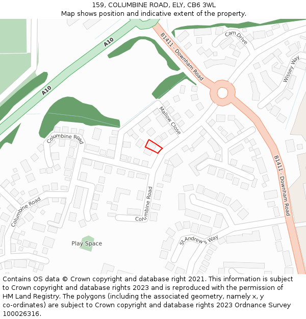 159, COLUMBINE ROAD, ELY, CB6 3WL: Location map and indicative extent of plot