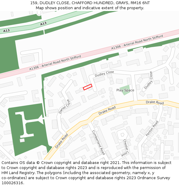 159, DUDLEY CLOSE, CHAFFORD HUNDRED, GRAYS, RM16 6NT: Location map and indicative extent of plot