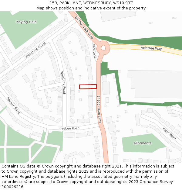 159, PARK LANE, WEDNESBURY, WS10 9RZ: Location map and indicative extent of plot