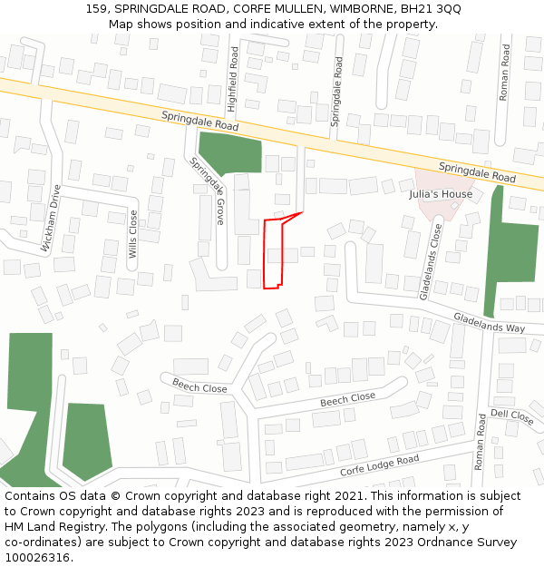 159, SPRINGDALE ROAD, CORFE MULLEN, WIMBORNE, BH21 3QQ: Location map and indicative extent of plot