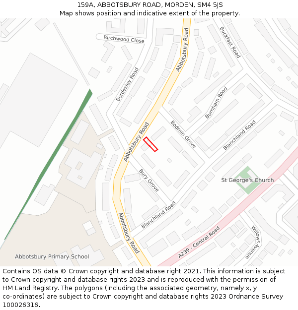 159A, ABBOTSBURY ROAD, MORDEN, SM4 5JS: Location map and indicative extent of plot