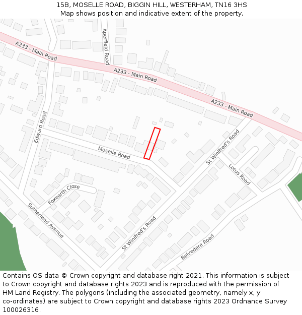 15B, MOSELLE ROAD, BIGGIN HILL, WESTERHAM, TN16 3HS: Location map and indicative extent of plot