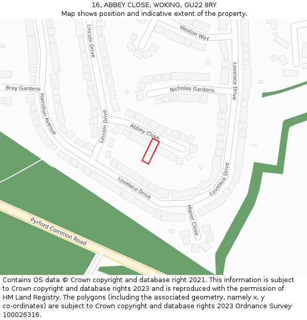 16, ABBEY CLOSE, WOKING, GU22 8RY: Location map and indicative extent of plot