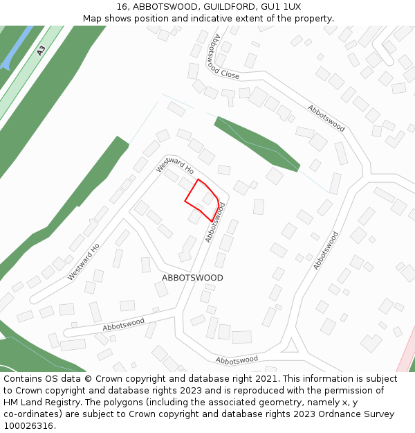 16, ABBOTSWOOD, GUILDFORD, GU1 1UX: Location map and indicative extent of plot