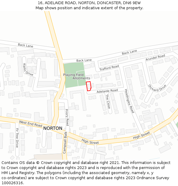 16, ADELAIDE ROAD, NORTON, DONCASTER, DN6 9EW: Location map and indicative extent of plot