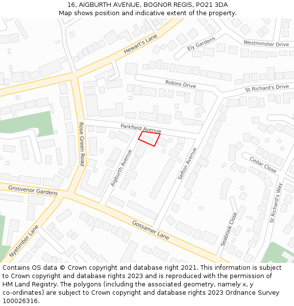 16, AIGBURTH AVENUE, BOGNOR REGIS, PO21 3DA: Location map and indicative extent of plot