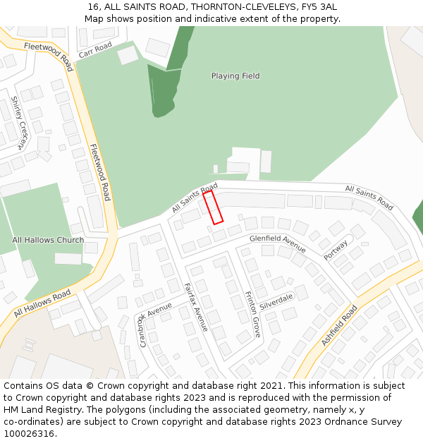 16, ALL SAINTS ROAD, THORNTON-CLEVELEYS, FY5 3AL: Location map and indicative extent of plot