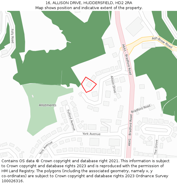 16, ALLISON DRIVE, HUDDERSFIELD, HD2 2RA: Location map and indicative extent of plot