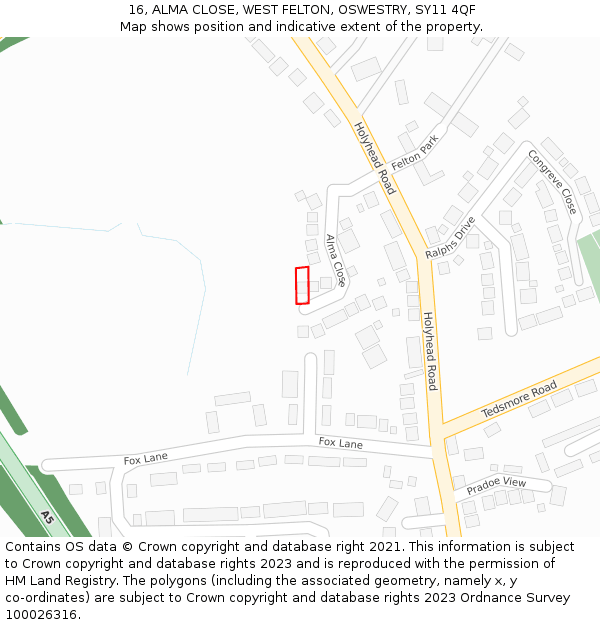 16, ALMA CLOSE, WEST FELTON, OSWESTRY, SY11 4QF: Location map and indicative extent of plot