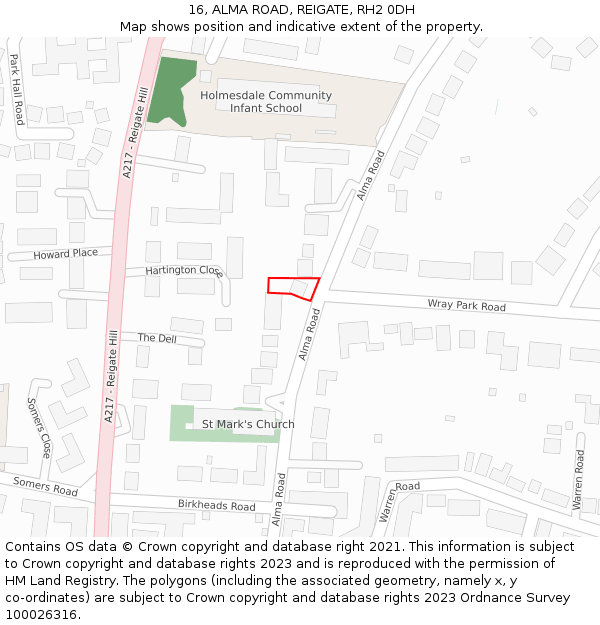 16, ALMA ROAD, REIGATE, RH2 0DH: Location map and indicative extent of plot