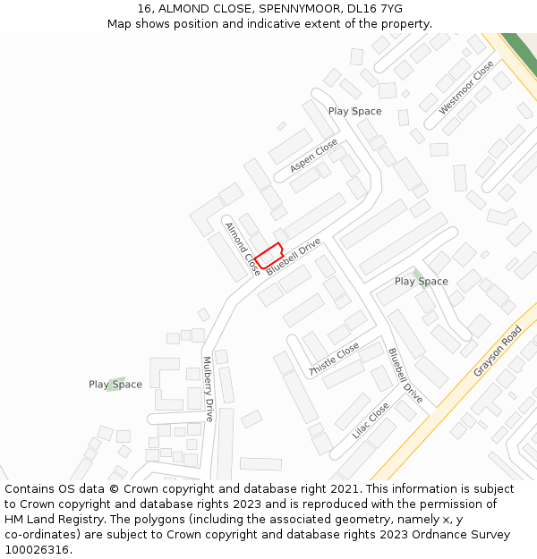 16, ALMOND CLOSE, SPENNYMOOR, DL16 7YG: Location map and indicative extent of plot