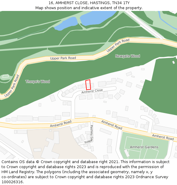 16, AMHERST CLOSE, HASTINGS, TN34 1TY: Location map and indicative extent of plot