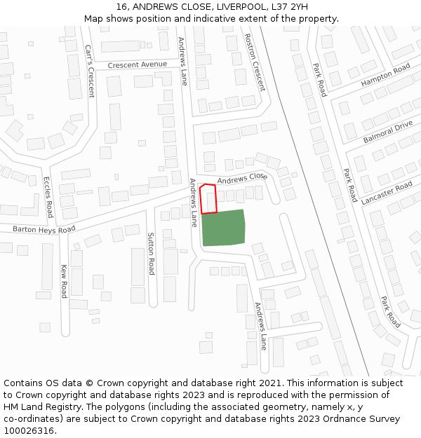 16, ANDREWS CLOSE, LIVERPOOL, L37 2YH: Location map and indicative extent of plot