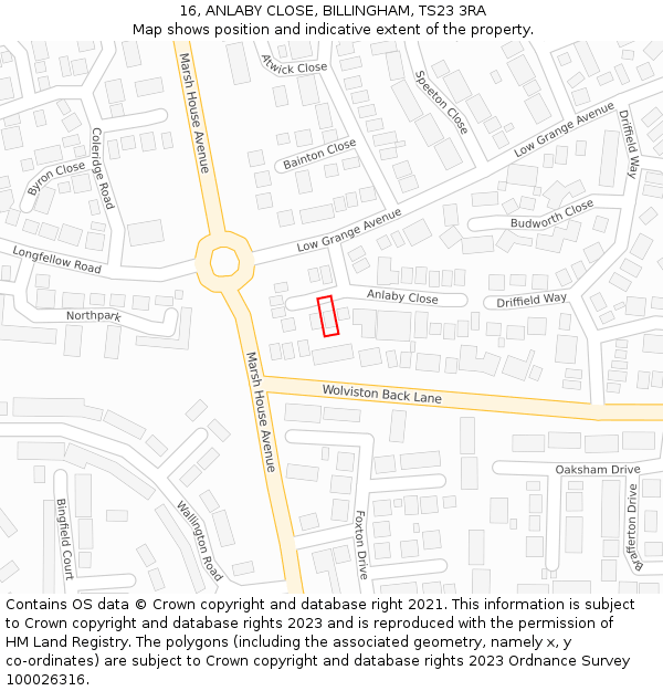 16, ANLABY CLOSE, BILLINGHAM, TS23 3RA: Location map and indicative extent of plot