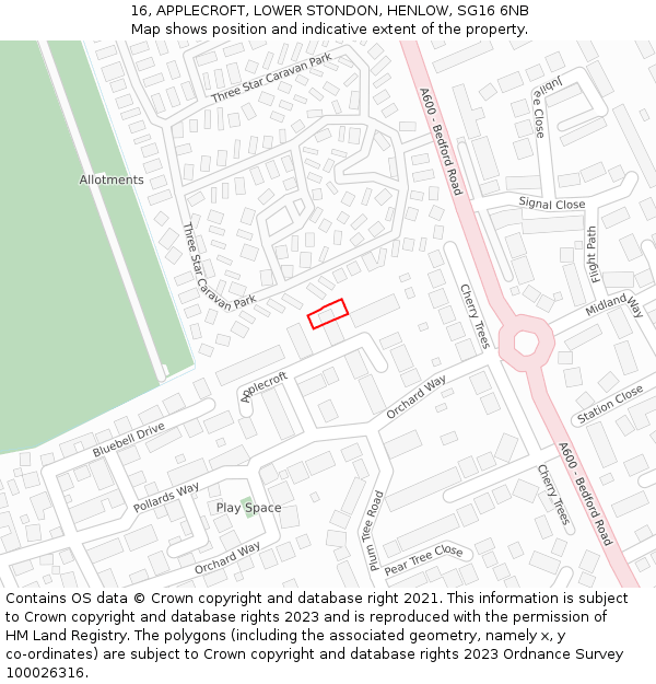 16, APPLECROFT, LOWER STONDON, HENLOW, SG16 6NB: Location map and indicative extent of plot