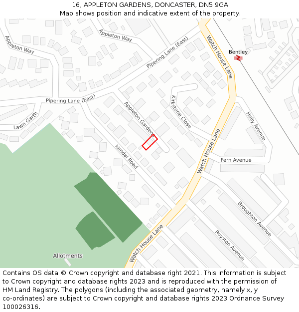 16, APPLETON GARDENS, DONCASTER, DN5 9GA: Location map and indicative extent of plot