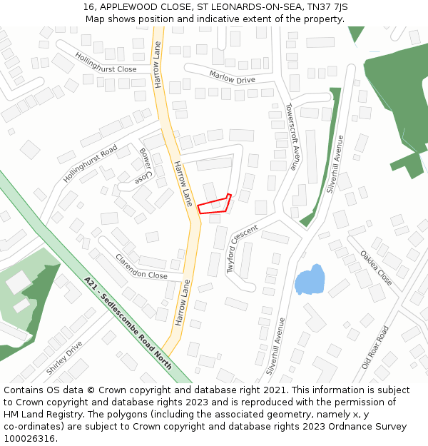 16, APPLEWOOD CLOSE, ST LEONARDS-ON-SEA, TN37 7JS: Location map and indicative extent of plot