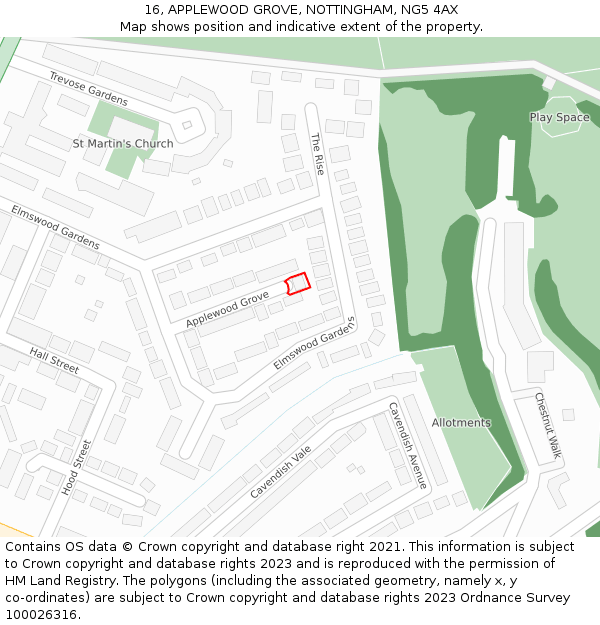 16, APPLEWOOD GROVE, NOTTINGHAM, NG5 4AX: Location map and indicative extent of plot