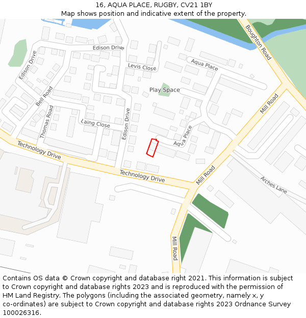 16, AQUA PLACE, RUGBY, CV21 1BY: Location map and indicative extent of plot