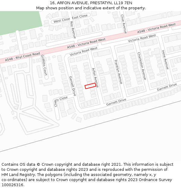 16, ARFON AVENUE, PRESTATYN, LL19 7EN: Location map and indicative extent of plot