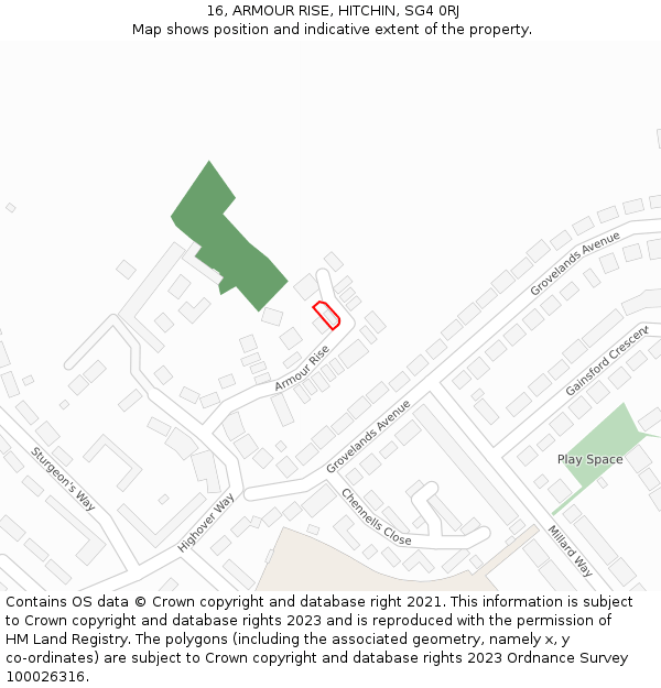 16, ARMOUR RISE, HITCHIN, SG4 0RJ: Location map and indicative extent of plot