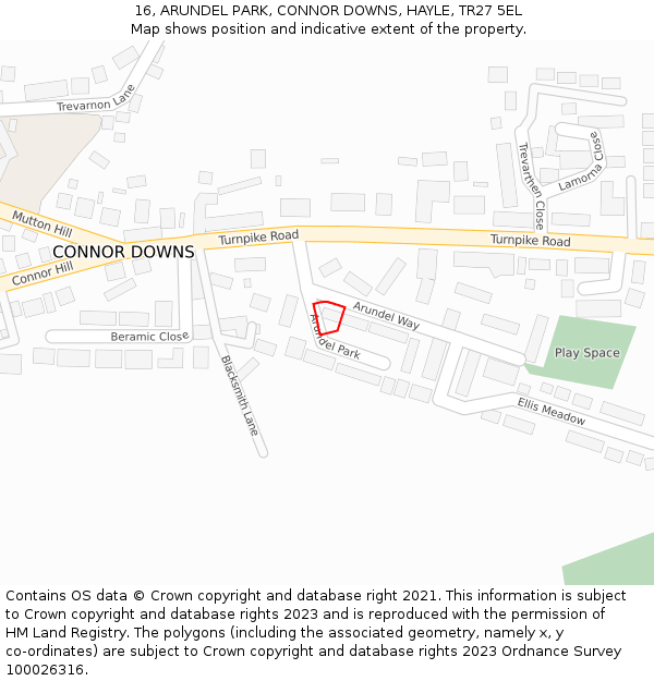 16, ARUNDEL PARK, CONNOR DOWNS, HAYLE, TR27 5EL: Location map and indicative extent of plot