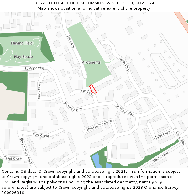 16, ASH CLOSE, COLDEN COMMON, WINCHESTER, SO21 1AL: Location map and indicative extent of plot