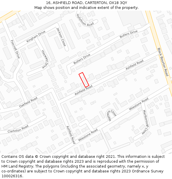 16, ASHFIELD ROAD, CARTERTON, OX18 3QY: Location map and indicative extent of plot