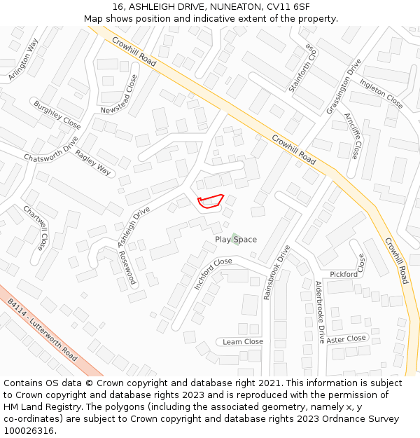 16, ASHLEIGH DRIVE, NUNEATON, CV11 6SF: Location map and indicative extent of plot