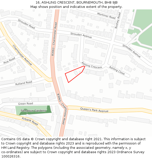 16, ASHLING CRESCENT, BOURNEMOUTH, BH8 9JB: Location map and indicative extent of plot