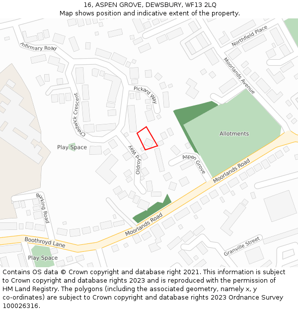 16, ASPEN GROVE, DEWSBURY, WF13 2LQ: Location map and indicative extent of plot
