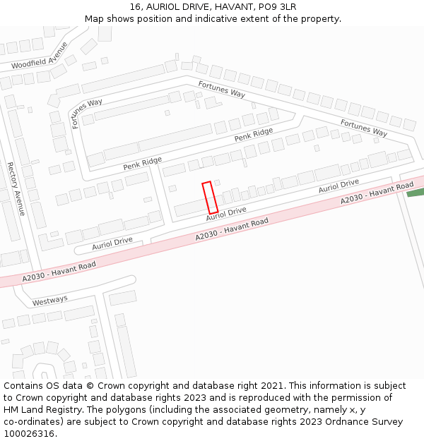 16, AURIOL DRIVE, HAVANT, PO9 3LR: Location map and indicative extent of plot