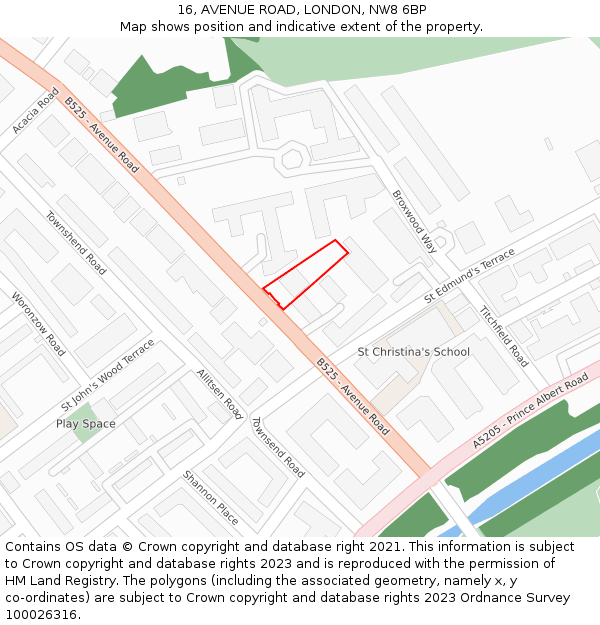 16, AVENUE ROAD, LONDON, NW8 6BP: Location map and indicative extent of plot