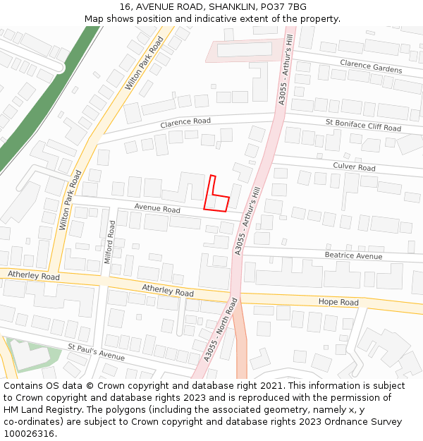 16, AVENUE ROAD, SHANKLIN, PO37 7BG: Location map and indicative extent of plot