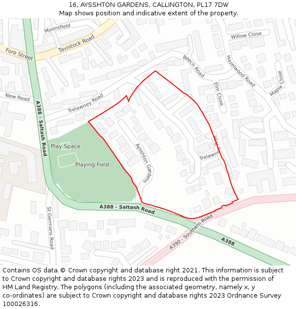 16, AYSSHTON GARDENS, CALLINGTON, PL17 7DW: Location map and indicative extent of plot