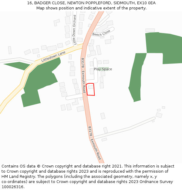 16, BADGER CLOSE, NEWTON POPPLEFORD, SIDMOUTH, EX10 0EA: Location map and indicative extent of plot