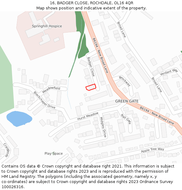 16, BADGER CLOSE, ROCHDALE, OL16 4QR: Location map and indicative extent of plot