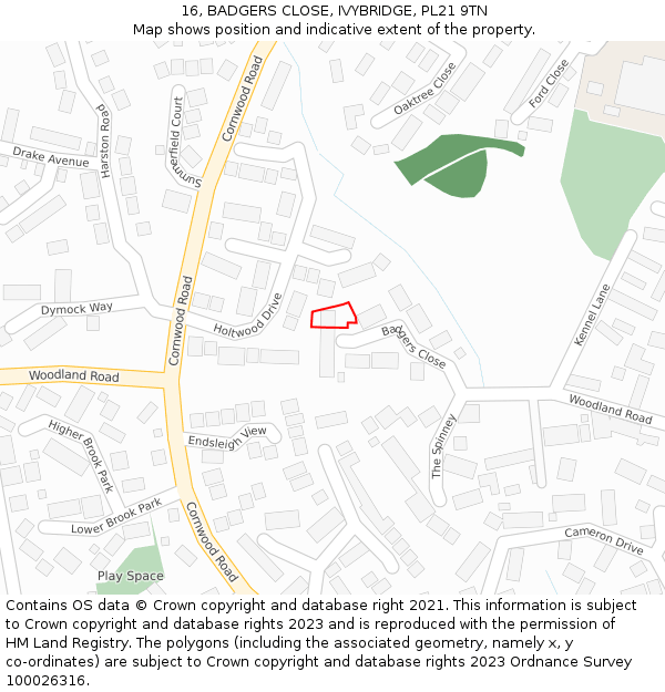 16, BADGERS CLOSE, IVYBRIDGE, PL21 9TN: Location map and indicative extent of plot
