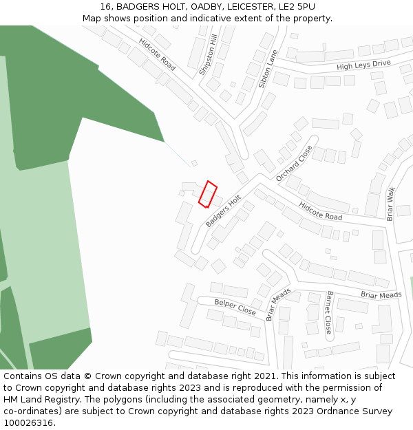 16, BADGERS HOLT, OADBY, LEICESTER, LE2 5PU: Location map and indicative extent of plot