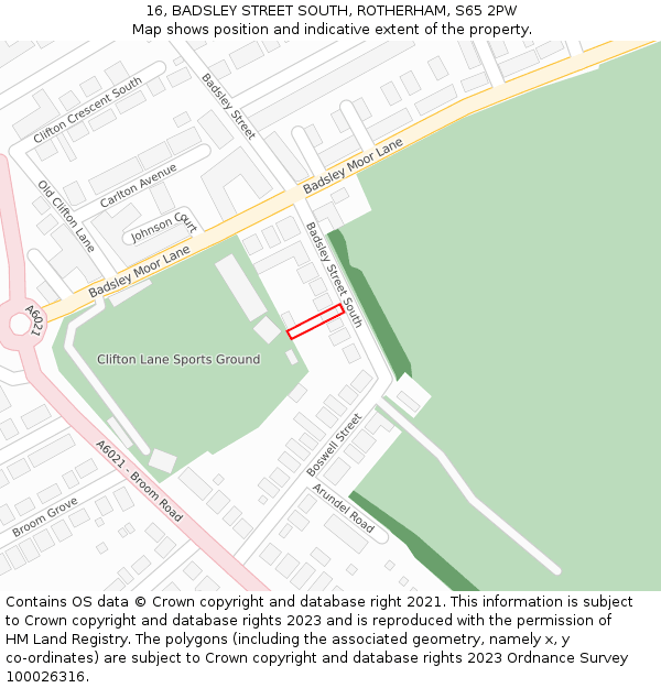 16, BADSLEY STREET SOUTH, ROTHERHAM, S65 2PW: Location map and indicative extent of plot