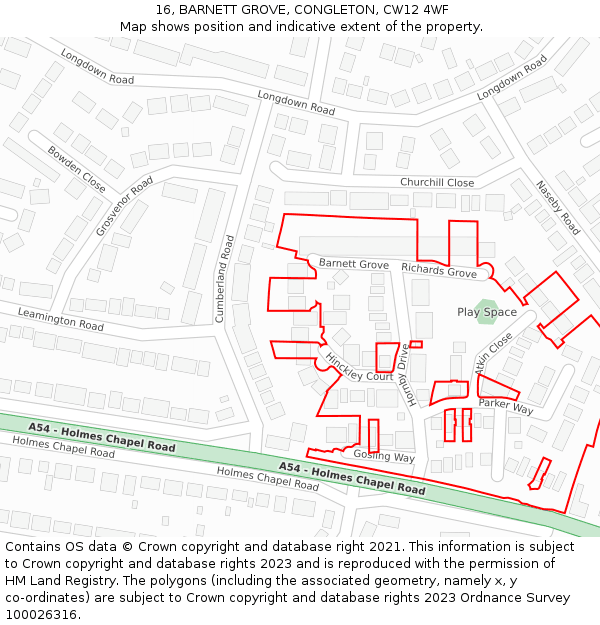 16, BARNETT GROVE, CONGLETON, CW12 4WF: Location map and indicative extent of plot