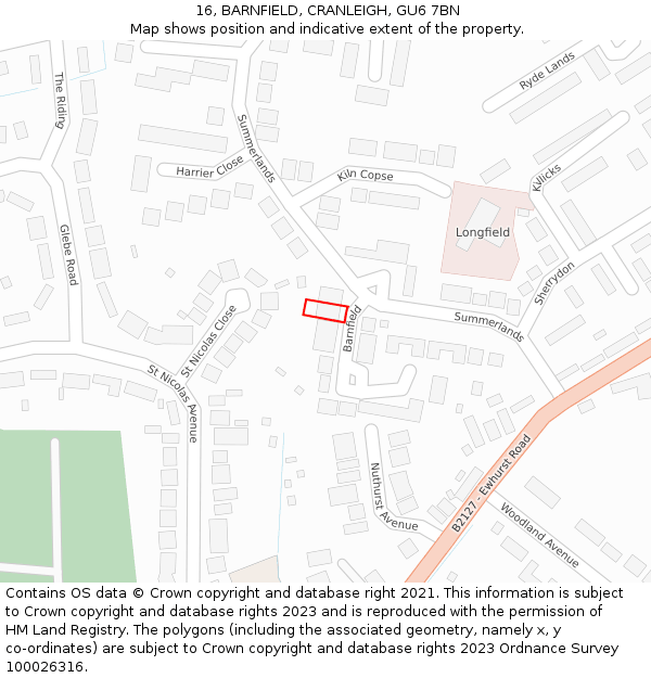 16, BARNFIELD, CRANLEIGH, GU6 7BN: Location map and indicative extent of plot