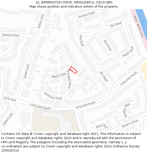 16, BARRINGTON DRIVE, MIDDLEWICH, CW10 0BN: Location map and indicative extent of plot