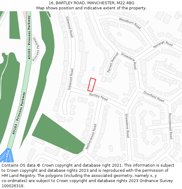 16, BARTLEY ROAD, MANCHESTER, M22 4BG: Location map and indicative extent of plot