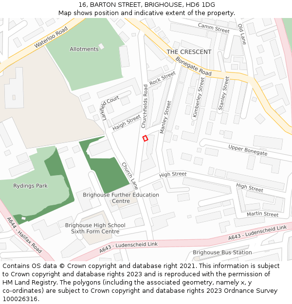 16, BARTON STREET, BRIGHOUSE, HD6 1DG: Location map and indicative extent of plot