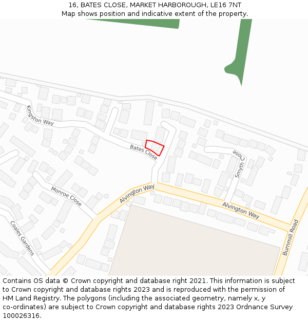 16, BATES CLOSE, MARKET HARBOROUGH, LE16 7NT: Location map and indicative extent of plot