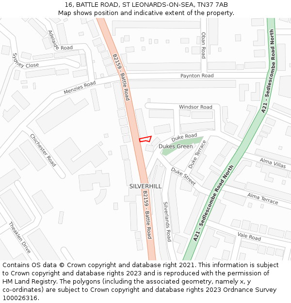 16, BATTLE ROAD, ST LEONARDS-ON-SEA, TN37 7AB: Location map and indicative extent of plot
