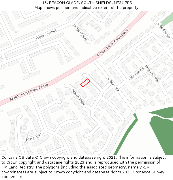 16, BEACON GLADE, SOUTH SHIELDS, NE34 7PS: Location map and indicative extent of plot